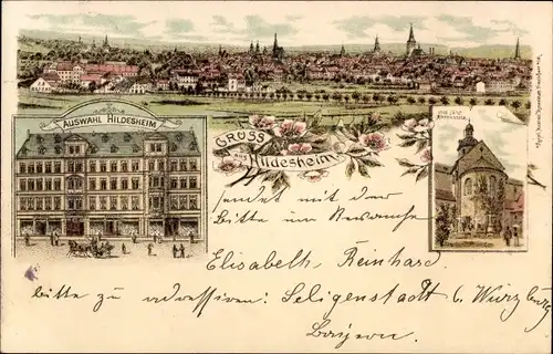 Litho Hildesheim in Niedersachsen, 1000jähr. Rosenstock, Kirche, Auswahl, Totale