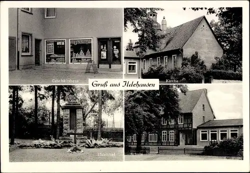 Ak Ildehausen Seesen in Niedersachsen, Schule, Geschäftshaus, Kirche, Ehrenmal