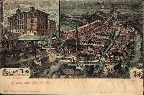 Litho Buxtehude in Niedersachsen, Königliche Baugewerbeschule, Panorama vom Ort