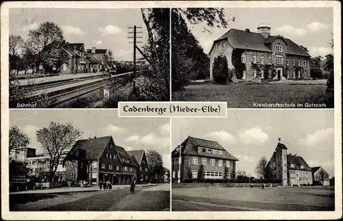 Ak Cadenberge Niedersachsen, Kreisberufsschule, Bahnhof Gleisseite, Straßenpartie, Kirche
