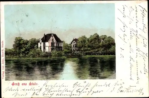 Ak Stade in Niedersachsen, Blick auf eine Villa, Teich