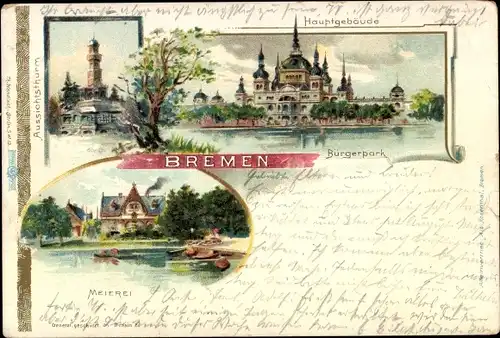 Litho Hansestadt Bremen, Meierei, Hauptgebäude, Bürgerpark, Aussichtsturm
