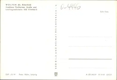 Ak Wolfen in Sachsen Anhalt, Hochhaus Thalheimer Straße und Lehrlingswohnheim VEB Filmfabrik