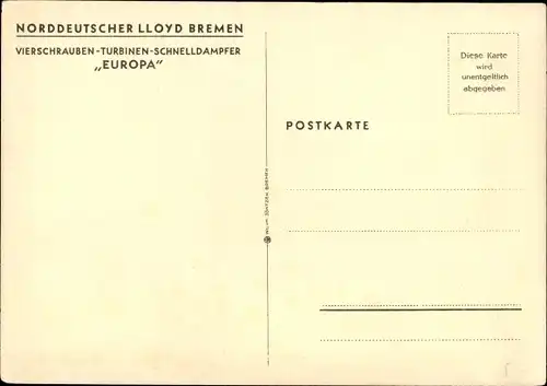 Künstler Ak Vierschrauben Turbinen Schnelldampfer Europa, Norddeutscher Lloyd Bremen