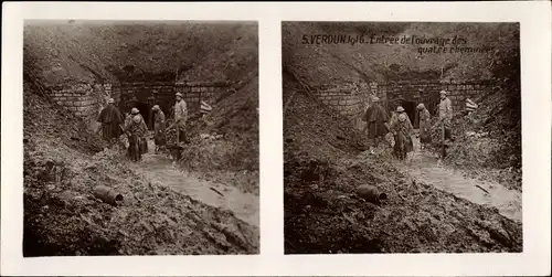 Stereofoto Verdun Lothringen Maas, Eingang zum Werk der vier Schornsteine