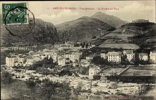 Postkarte Amélie les Bains Pyrénées Orientales, Gesamtansicht, der Fluss Le Tech