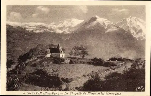 Ak Saint Savin Hautes Pyrénées, die Kapelle von Piétat und die Berge