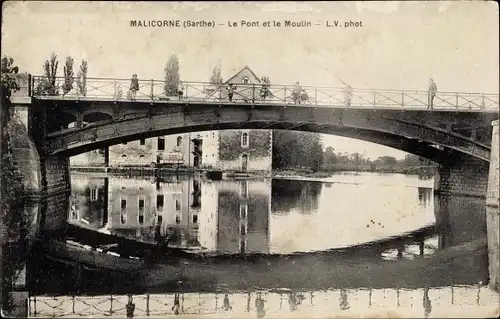 Ak Malicorne sur Sarthe, die Brücke und die Mühle