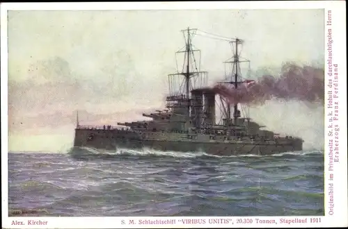 Künstler Ak Kircher, Alex, Österreichisches Kriegsschiff, SMS Viribus Unitis, Schlachtschiff