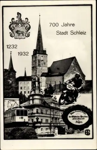 Ak Schleiz im Vogtland Thüringen, 700 Jahrfeier 1932, Motorradrennen, Straßenbahn, Kirche, Rathaus