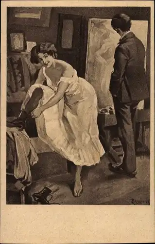 Künstler Ak von Reznicek, Ferdinand, Maleratelier, Aktmodel, Stiefel