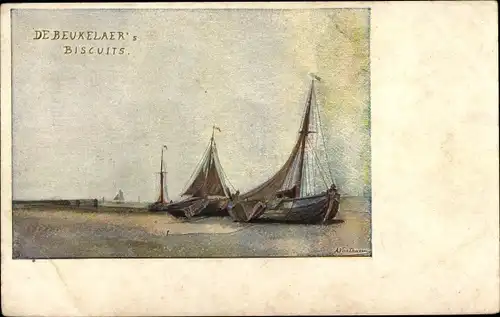 Künstler Ak Reklame, De Beukelaer's Biscuits, Fischerboote