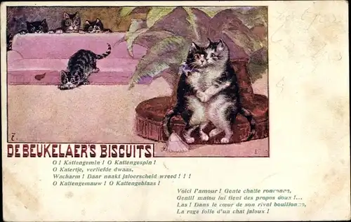 Künstler Ak Debeukelaer Biscuits, vermenschlichte Katzen, Reklame