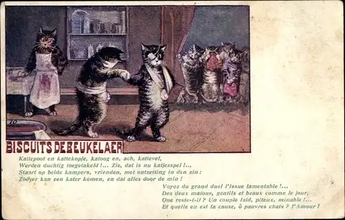Künstler Ak Biscuits De Beukelaer, vermenschlichte Katzen nach einem Kampf, Reklame