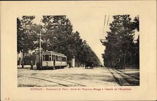 Ak Roubaix Nord, Boulevard de Paris, Haltestelle Straßenbahn Mongy am Eingang der Ausstellung