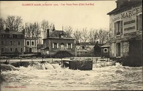 Ak Clamecy Nièvre, Überschwemmung 1910, die Grünen Brücken, Einrichtungen des Pont Louis Marcel