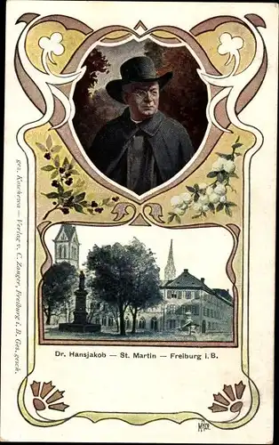 Jugendstil Passepartout Ak Freiburg im Breisgau, Portrait Dr. Hansjakob, St. Martin