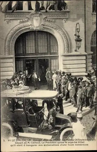 Ak Alençon Orne, Einweihung des Hotel des Postes 1911, Abreise von Herrn Caillaux