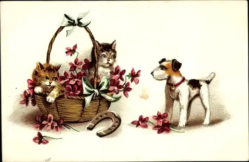 Ak Kleine Katzen in einem Blumenkorb, Terrier, Hufeisen