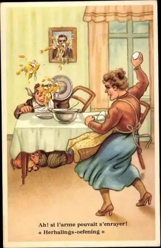 Ak Wütende Ehefrau wirft mit Eiern