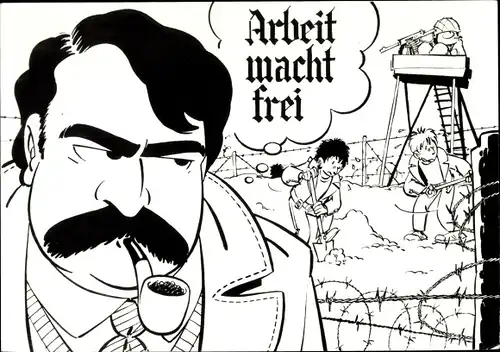 Künstler Ak Karikatur von Josef Stalin ?, Arbeit macht frei