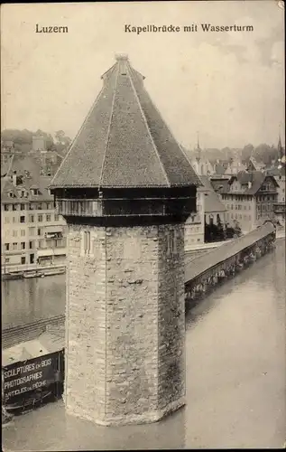 Ak Luzern Stadt Schweiz, Kapellbrücke mit Wasserturm