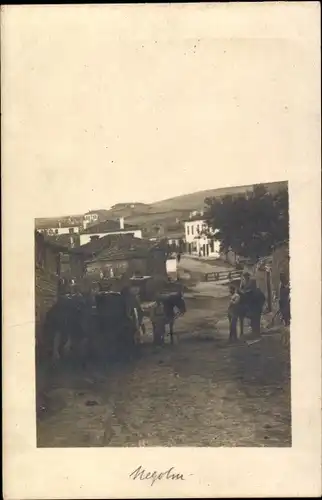 Foto Ak Mazedonien?, Negohm, Dorfstraße, Pferde, Menschen