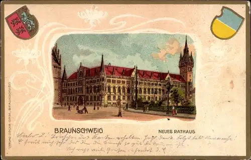 Jugendstil Präge Wappen Litho Braunschweig in Niedersachsen, Neues Rathaus