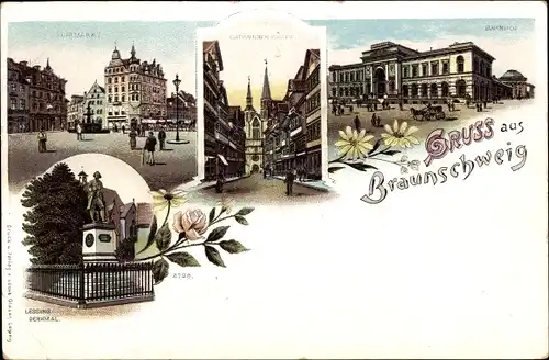 Litho Braunschweig in Niedersachsen, Catharinen Kirche, Markt, Bahnhof, Lessing Denkmal