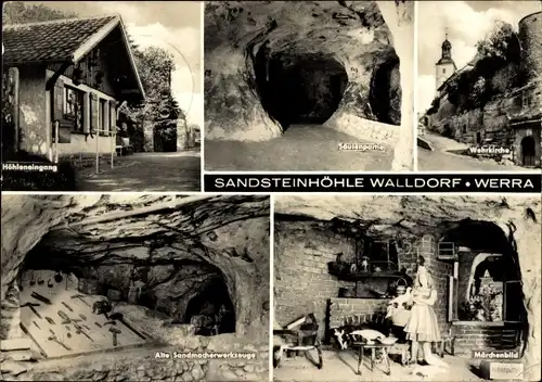 Ak Walldorf an der Werra Meiningen Thüringen, Märchenbild, Höhleneingang, Wehrkirche, Säulenpartie