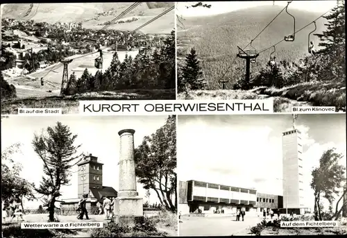 Ak Oberwiesenthal im Erzgebirge, Blick auf die Stadt und Klinovec, Wetterwarte a.d. Fichtelberg