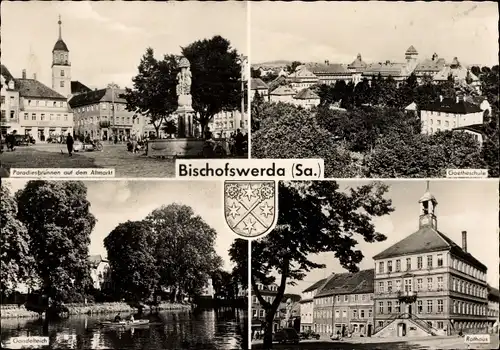 Ak Bischofswerda in Sachsen, Gesamtschule, Paradiesbrunnen auf dem Altmarkt, Gondelteich, Rathaus