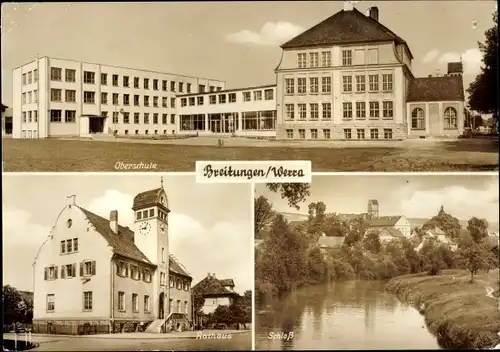 Ak Breitungen Thüringen, Oberschule, Rathaus, Schloss, Uferpartie