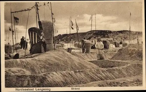 Ak Nordseebad Langeoog Ostfriesland, Strand, Badegäste, Strandkörbe, Fahnen