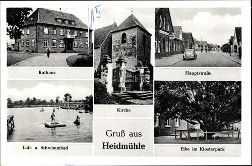 Ak Heidmühle Schortens in Friesland, Rathaus, Luft- und Schwimmbad, Eibe im Klosterpark, Kirche