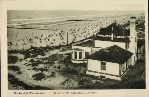 Ak Nordseebad Wangerooge in Ostfriesland, Strand mit Warmbadehaus und Lesehalle