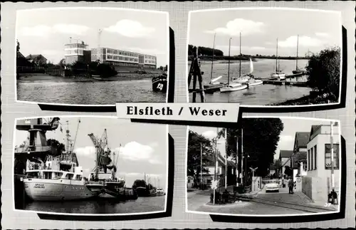 Ak Elsfleth an der Unterweser, Hafen, Schiff, Kran, Boote, Straßenpartie