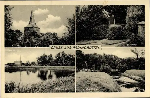Ak Padingbüttel Wurster Nordseeküste, Ehrenmal, Kirche, Brücke
