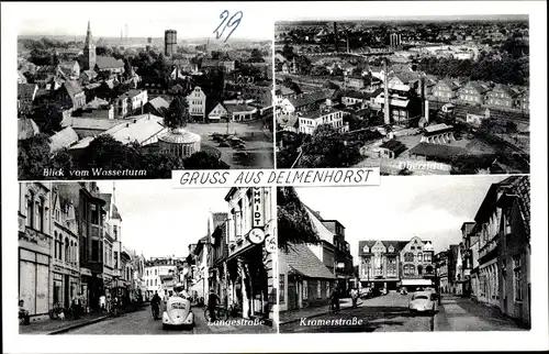 Ak Delmenhorst in Niedersachsen, Blick vom Wasserturm, Langestraße, Kramerstraße, Übersicht