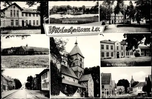 Ak Wildeshausen in Oldenburg, Amtshaus, Ev. Volksschule, Gehörlosenschule, Karpfenteich, Kirchen