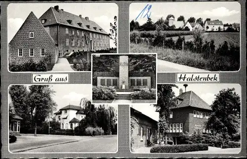 Ak Halstenbek in Holstein, Blick zum Ort, Gedenkstätte, Gebäude