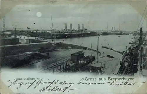 Mondschein Ak Bremerhaven, Neuer Kaiserhafen