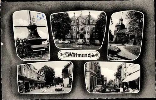 Ak Wittmund in Ostfriesland, Kirche, Burgstraße, Kreishaus, Siuts Mühle, Drostenstraße