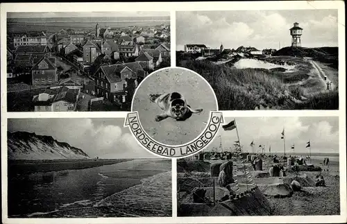 Ak Nordseebad Langeoog Ostfriesland, Robbe, Leuchtturm, Strandburgen, Ortsansicht, Küste