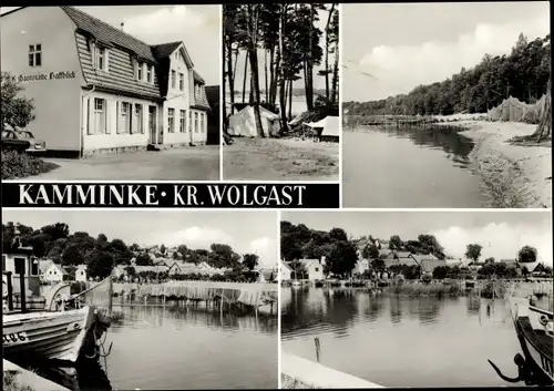 Ak Kamminke auf Usedom, Gaststätte Haffblick, Hafen, Fischerboote, Zeltplatz