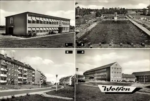 Ak Wolfen in Sachsen Anhalt, Kindergarten Goethestraße, Schwimmbad, POS Erich Weinert