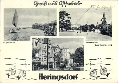 Ak Ostseebad Heringsdorf auf Usedom, Segelboot, Klubhaus, Seebrückeneingang, Seestraße