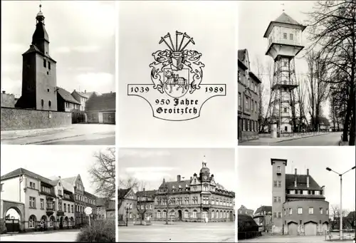 Ak Groitzsch in Sachsen, Stadtturm, Wasserturm, Hotel Weißes Roß, Rathaus, Gerätehaus der FFW