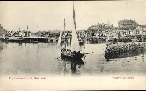 Ak Folkestone South East, Harbour, Hafen, Fischerboot