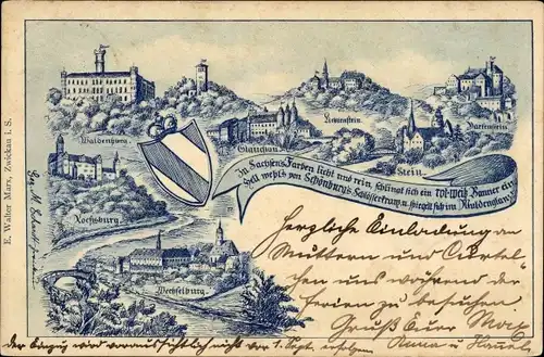 Ak Honau Lichtenstein in Württemberg, Schloss Lichtenstein, Wappen, Rochsburg, Wechselburg